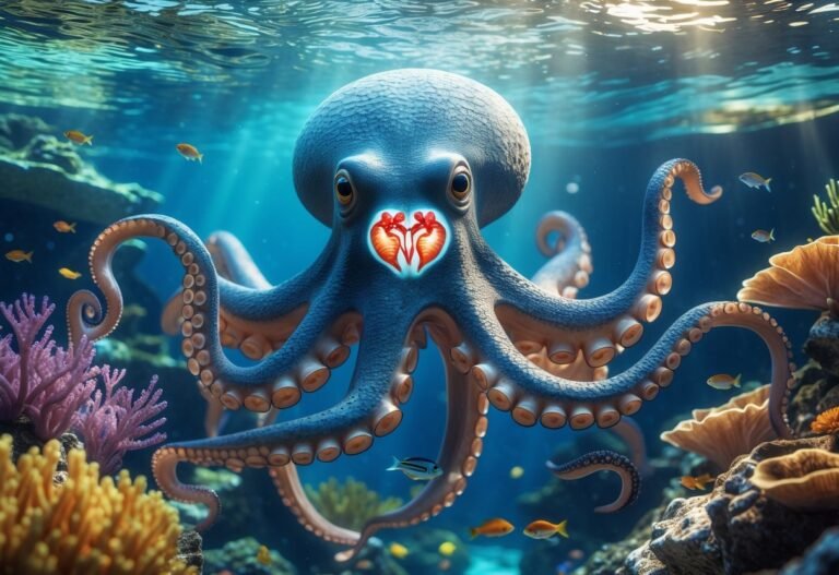 Um polvo submarino com três corações visíveis através do corpo translúcido, cercado por recifes de coral e peixes pequenos.