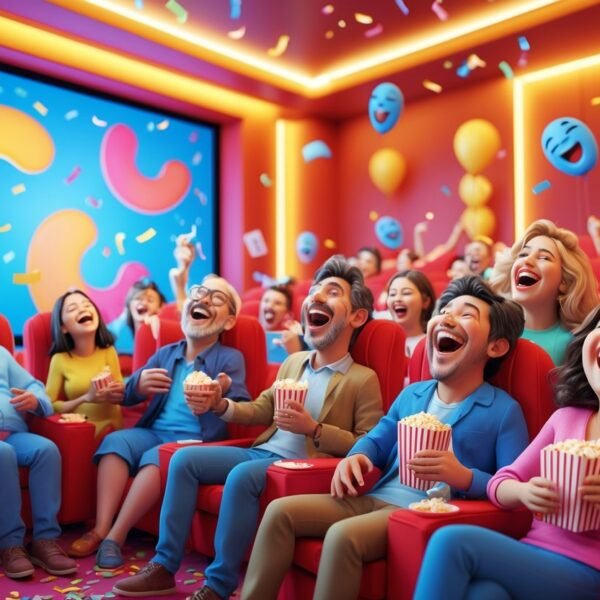 Cena animada de pessoas rindo muito em uma sala de cinema colorida, com balões e confetes ao redor.