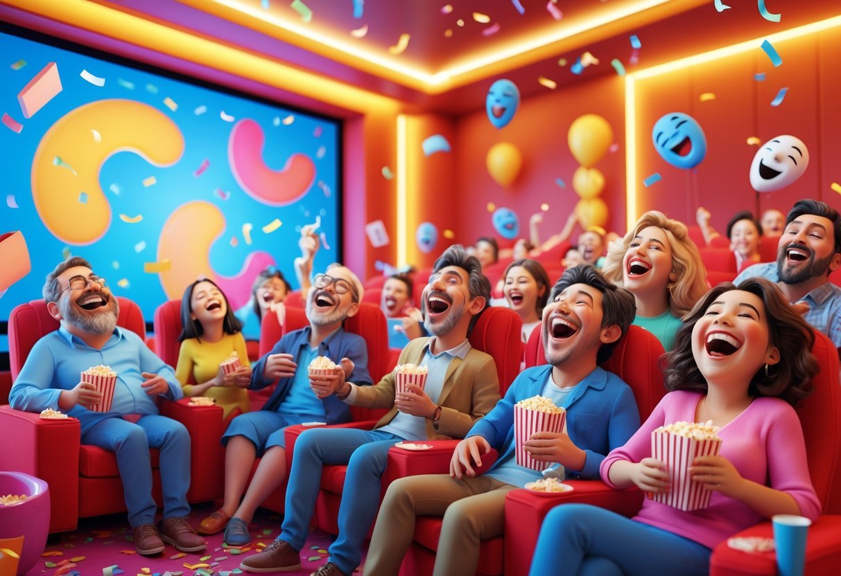 Cena animada de pessoas rindo muito em uma sala de cinema colorida, com balões e confetes ao redor.