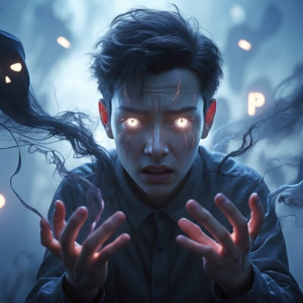 Pessoa com expressão possuída cercada por névoa escura e formas fantasmagóricas em um ambiente onírico.