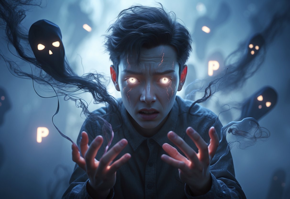 Pessoa com expressão possuída cercada por névoa escura e formas fantasmagóricas em um ambiente onírico.