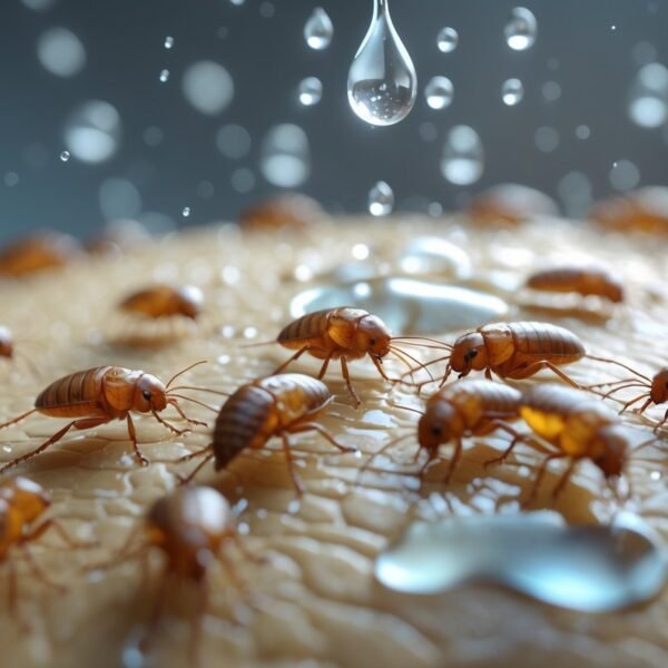Grupo de pulgas sobre pelo de animal recebendo gotas de água.