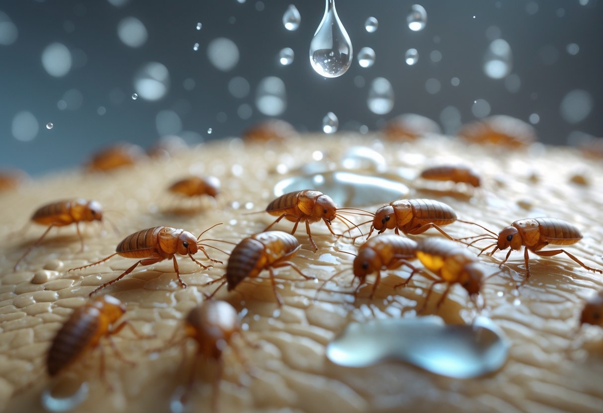 Grupo de pulgas sobre pelo de animal recebendo gotas de água.