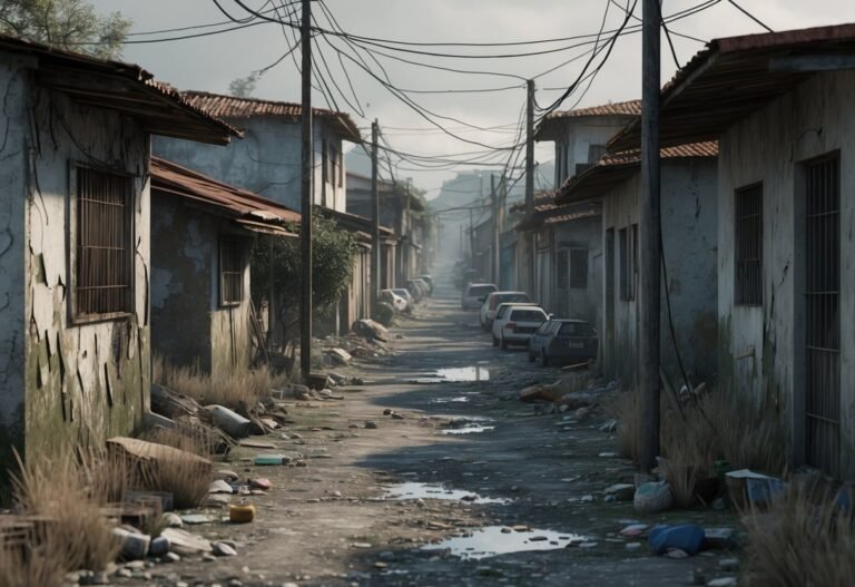 Vista de um bairro deteriorado em Piracicaba com casas velhas e ruas de terra sujas.