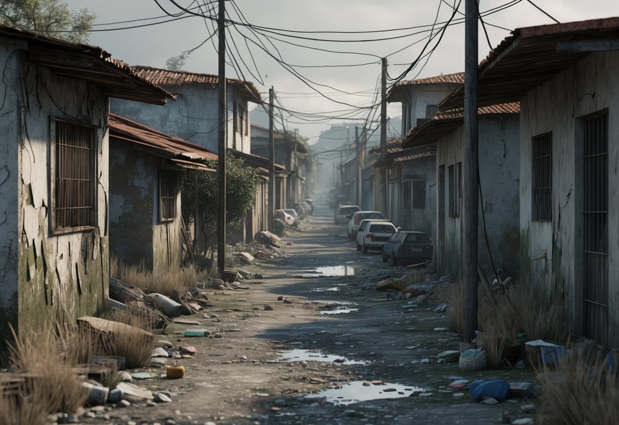 Vista de um bairro deteriorado em Piracicaba com casas velhas e ruas de terra sujas.