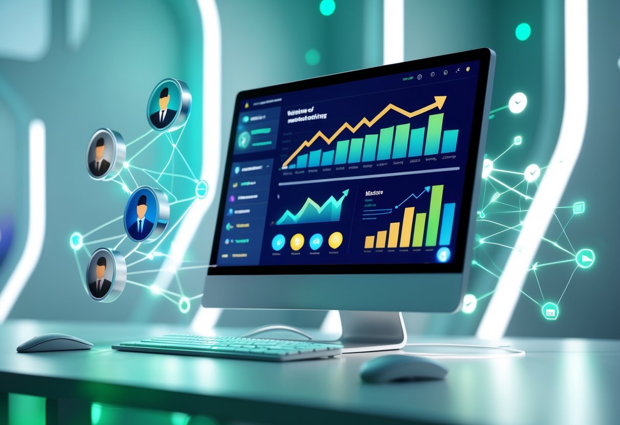 Uma cena 3D mostrando um computador com gráficos de crescimento e ícones flutuantes que representam aumento de visitas em um site.