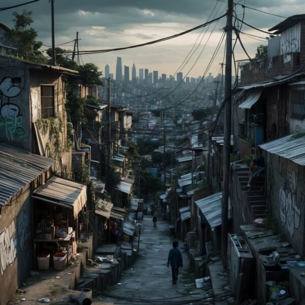 Vista detalhada de uma favela densa e perigosa em Guarulhos, com casas amontoadas, vielas estreitas, fiação elétrica exposta e algumas pessoas caminhando pelas ruas.