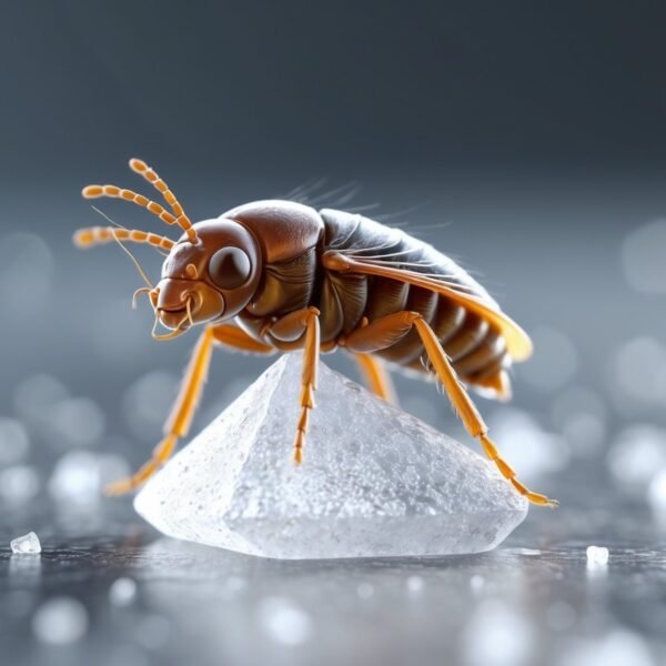 Uma pulga minúscula sobre um grão de sal grosso em close.