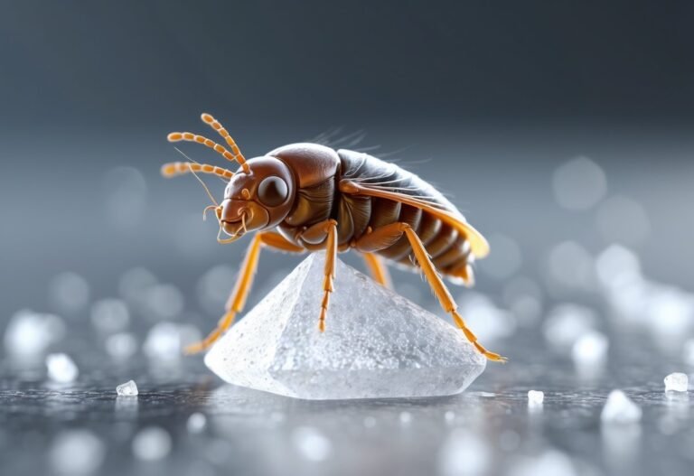 Uma pulga minúscula sobre um grão de sal grosso em close.