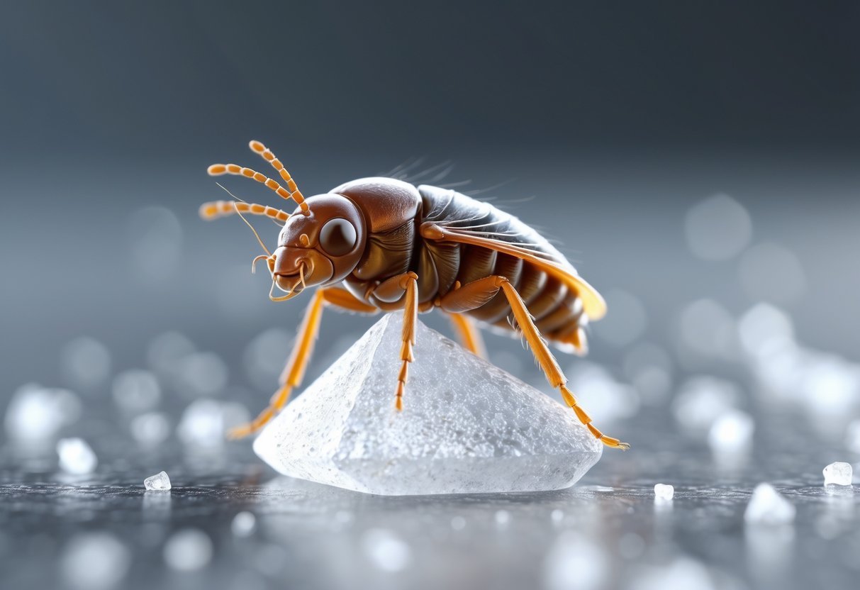 Uma pulga minúscula sobre um grão de sal grosso em close.