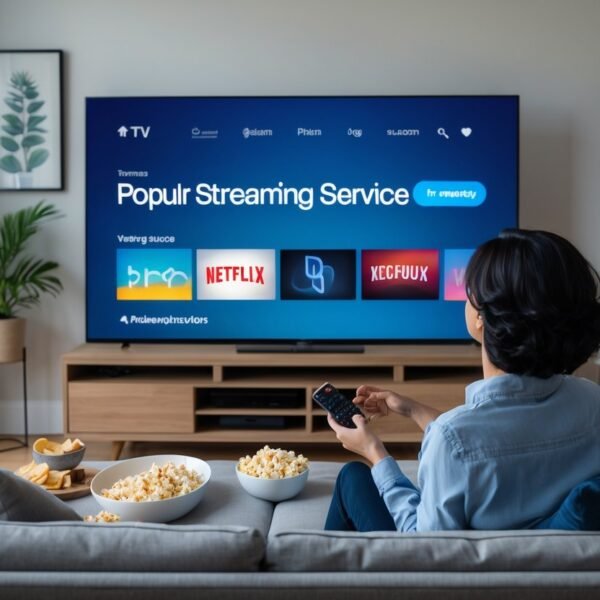 Sala de estar moderna com uma pessoa sentada no sofá assistindo TV, com snacks na mesa ao lado.