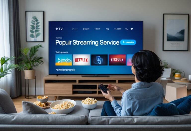 Sala de estar moderna com uma pessoa sentada no sofá assistindo TV, com snacks na mesa ao lado.