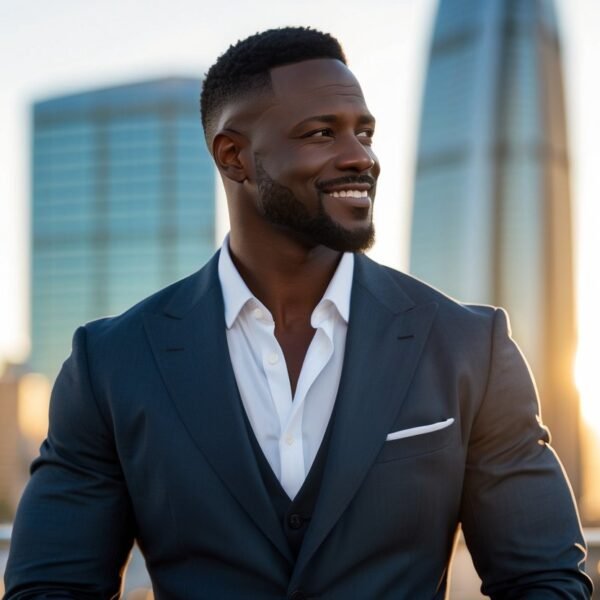 Homem sorridente vestindo terno escuro em pé em frente a um skyline urbano com arranha-céus ao pôr do sol.