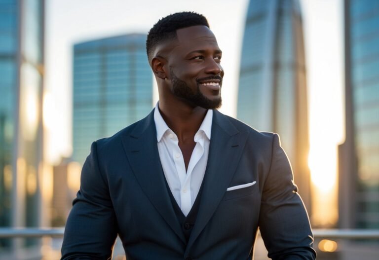 Homem sorridente vestindo terno escuro em pé em frente a um skyline urbano com arranha-céus ao pôr do sol.