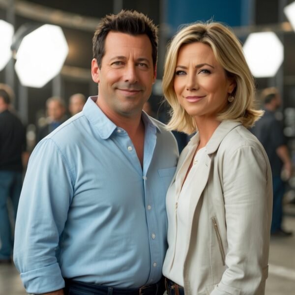 Dois atores parecidos com Adam Sandler e Jennifer Aniston sorrindo juntos em um set de filmagem.