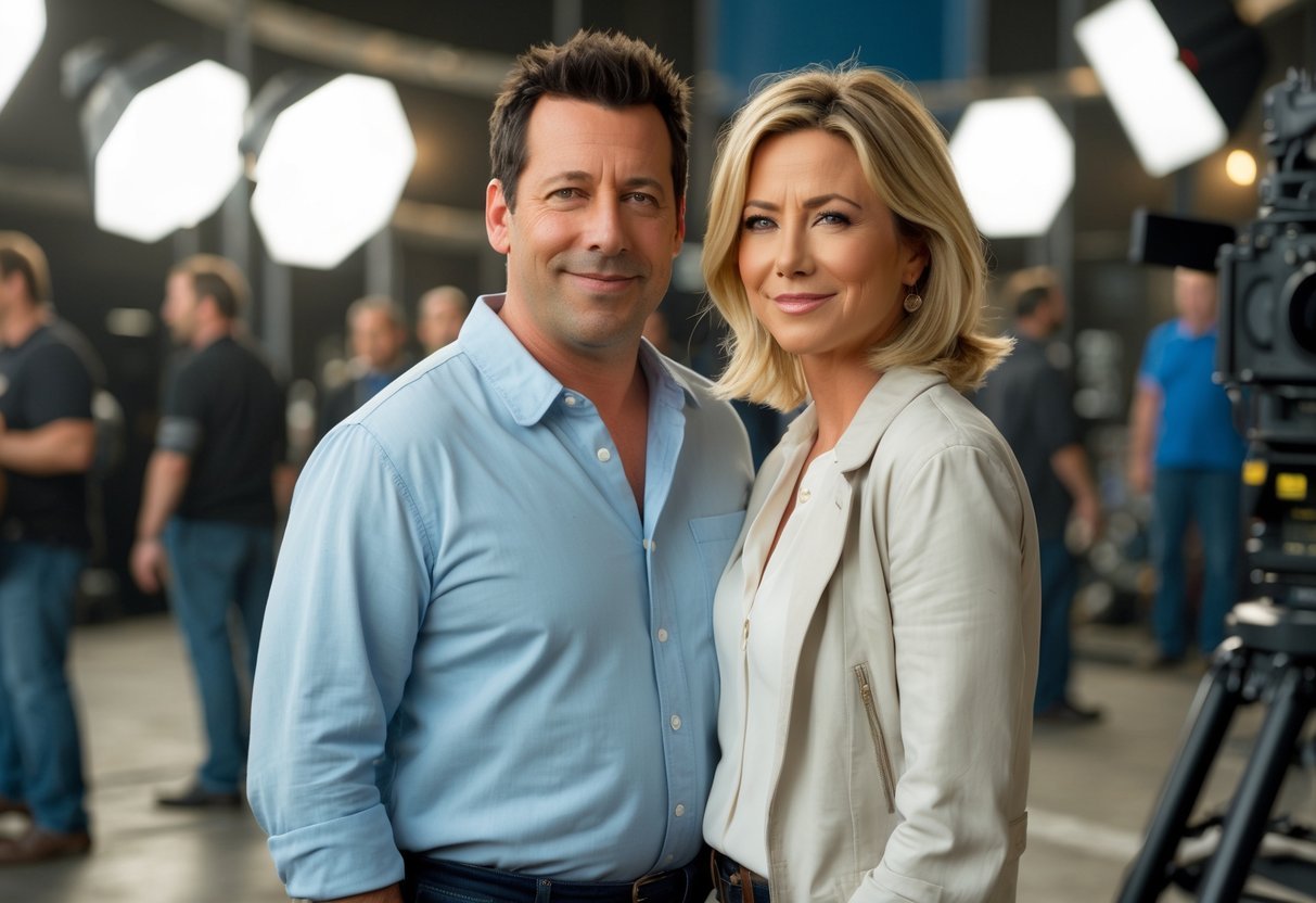 Dois atores parecidos com Adam Sandler e Jennifer Aniston sorrindo juntos em um set de filmagem.