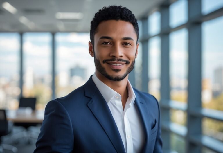 Homem confiante em um escritório moderno, olhando para a câmera com um leve sorriso.