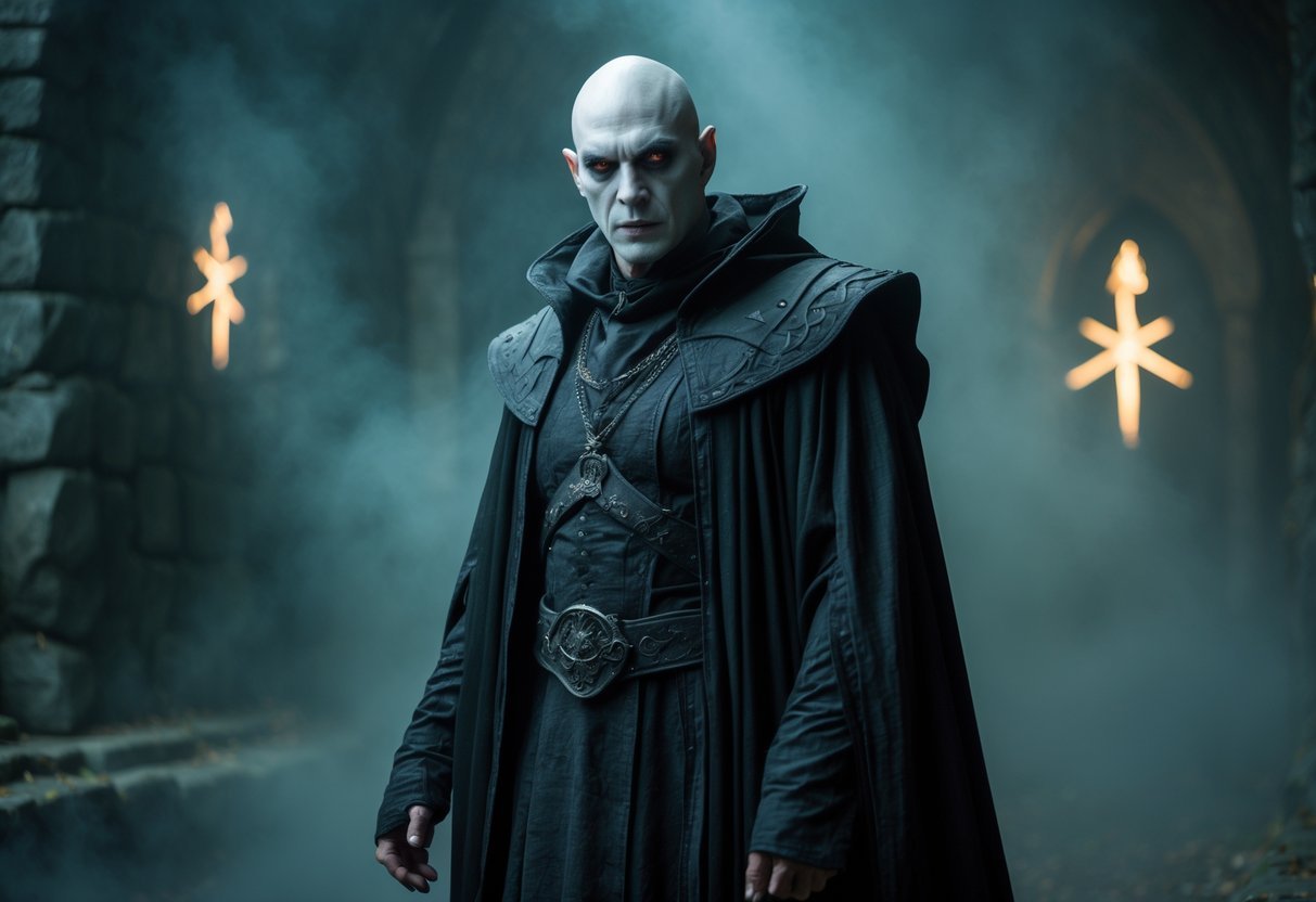 Um ator masculino caracterizado como um mago sombrio, com rosto pálido e sem nariz, vestindo uma túnica preta longa, em um ambiente escuro e místico.