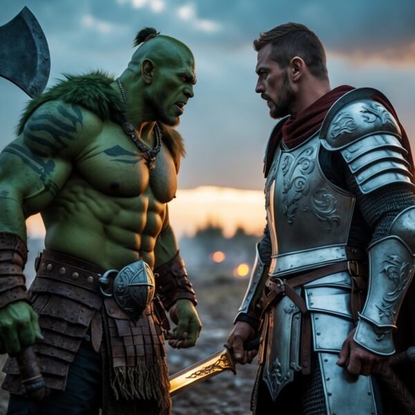 Dois guerreiros, um orc e um cavaleiro humano, enfrentando-se em um campo de batalha com céu nublado e fumaça ao fundo.