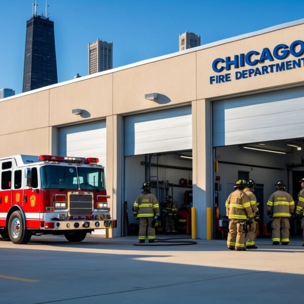 Estação de bombeiros de Chicago com caminhão de bombeiros vermelho e bombeiros em uniforme, com a cidade de Chicago ao fundo.