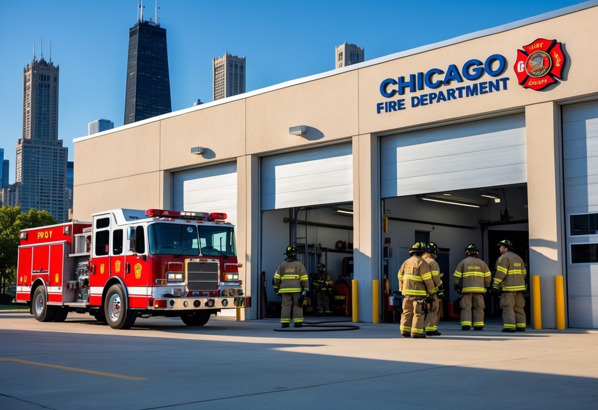 Estação de bombeiros de Chicago com caminhão de bombeiros vermelho e bombeiros em uniforme, com a cidade de Chicago ao fundo.