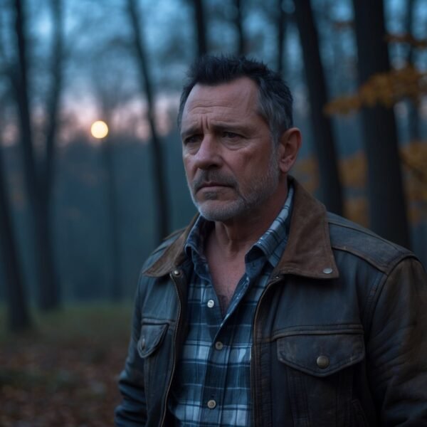 Um homem de meia-idade com jaqueta de couro e camisa xadrez está em uma clareira de floresta ao entardecer, com expressão séria e pensativa.