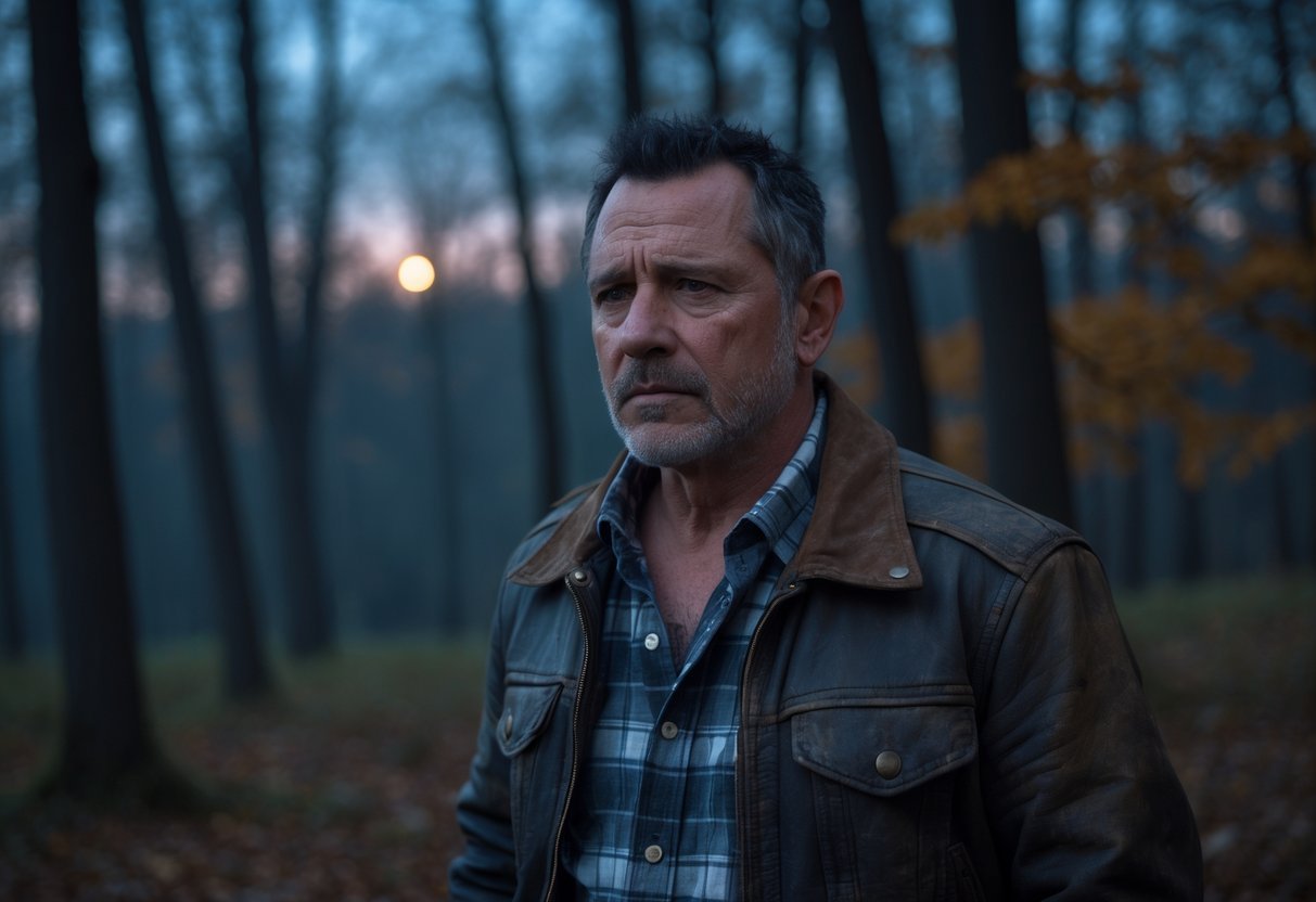 Um homem de meia-idade com jaqueta de couro e camisa xadrez está em uma clareira de floresta ao entardecer, com expressão séria e pensativa.