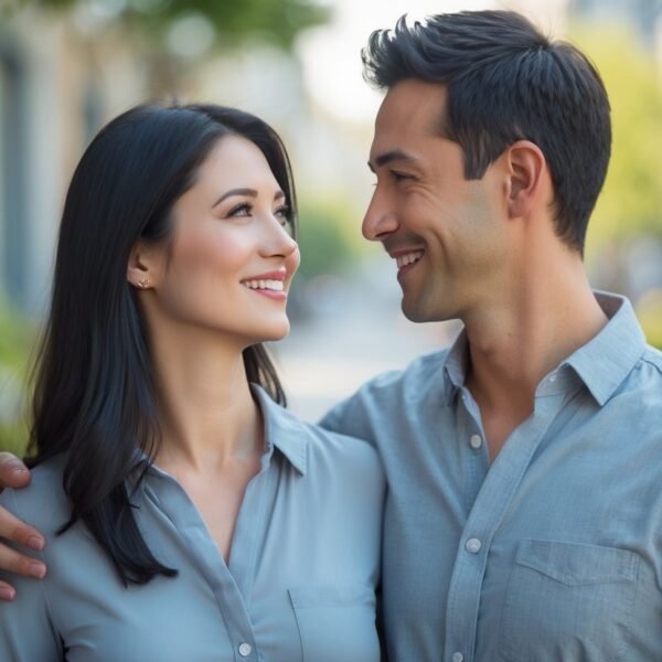 Um homem e uma mulher próximos, sorrindo e olhando um para o outro em um ambiente urbano ao ar livre.