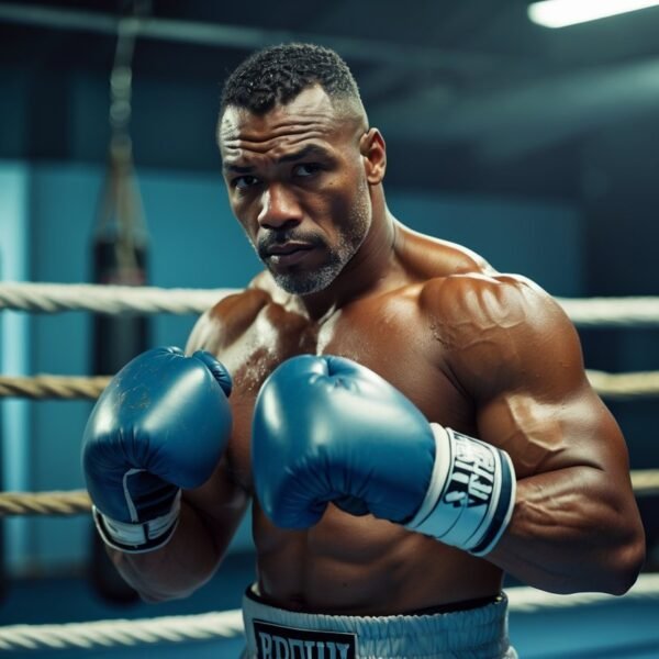 Homem boxeador determinado em um ginásio de boxe, com expressão de foco e esperança.