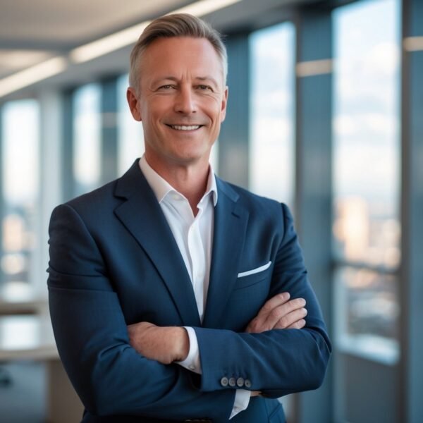 Homem de meia-idade em um escritório moderno, sorrindo e olhando para a câmera.