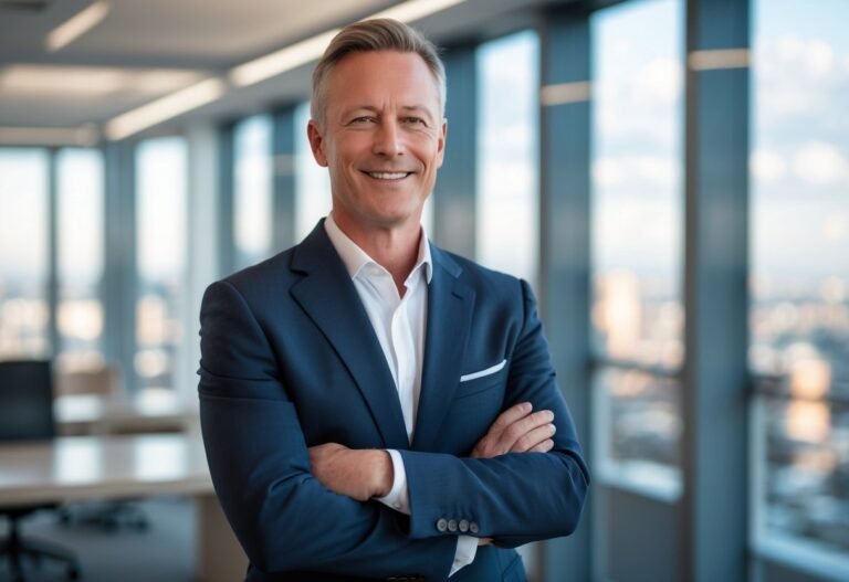 Homem de meia-idade em um escritório moderno, sorrindo e olhando para a câmera.