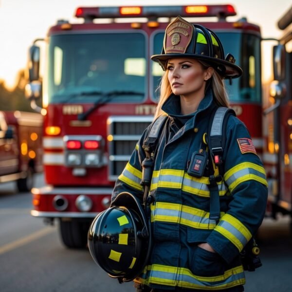 Mulher bombeira em equipamento completo em frente a um caminhão de bombeiros, com expressão séria e reflexiva.