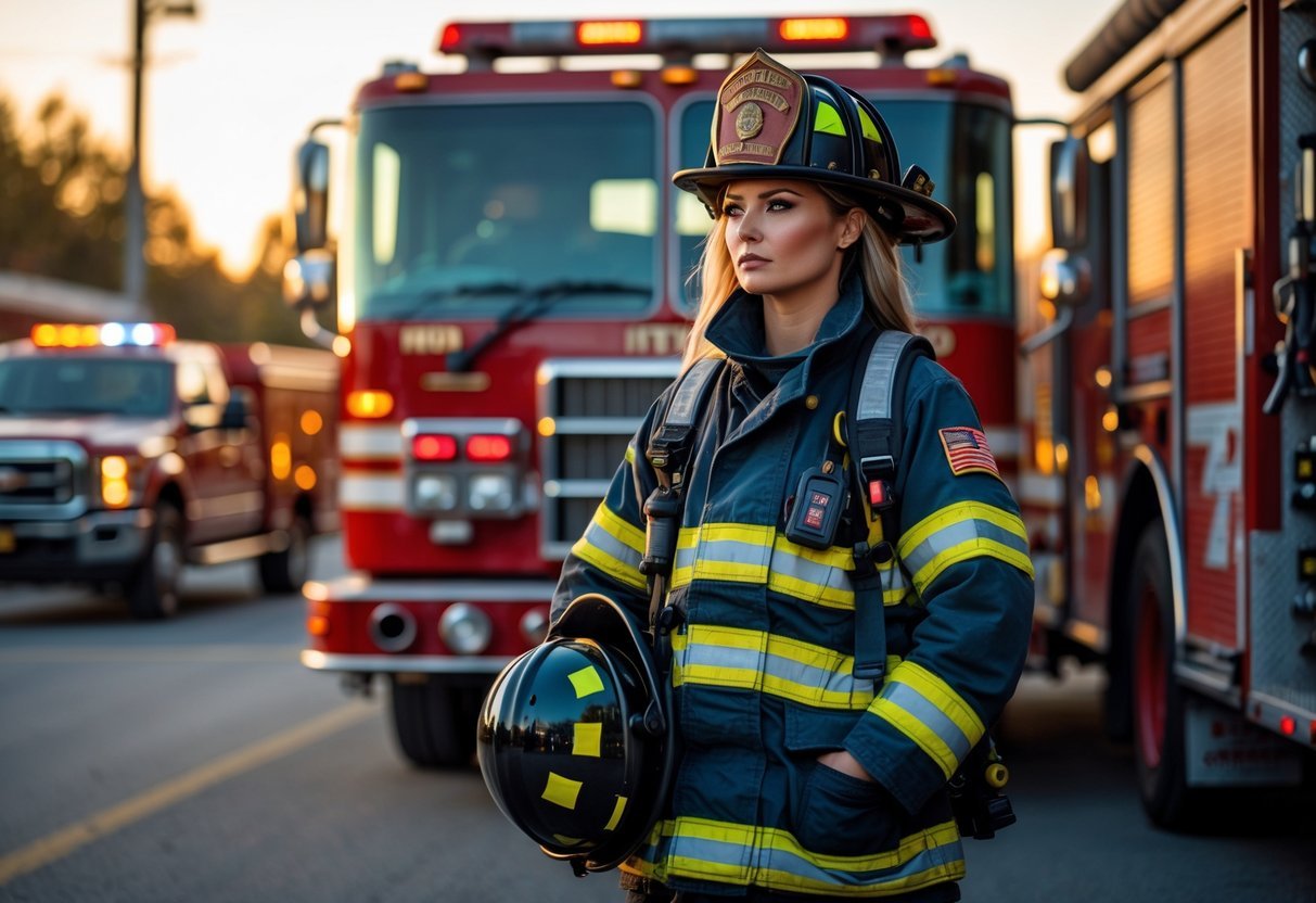 Mulher bombeira em equipamento completo em frente a um caminhão de bombeiros, com expressão séria e reflexiva.