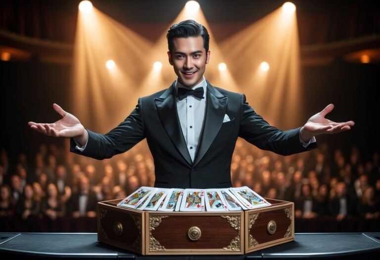 Mágico profissional realizando um truque final em um palco com iluminação focada e público ao fundo.