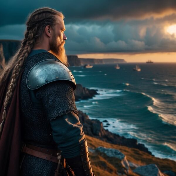 Um guerreiro viking de armadura medieval em pé na costa rochosa ao pôr do sol, olhando para o horizonte com expressão determinada.