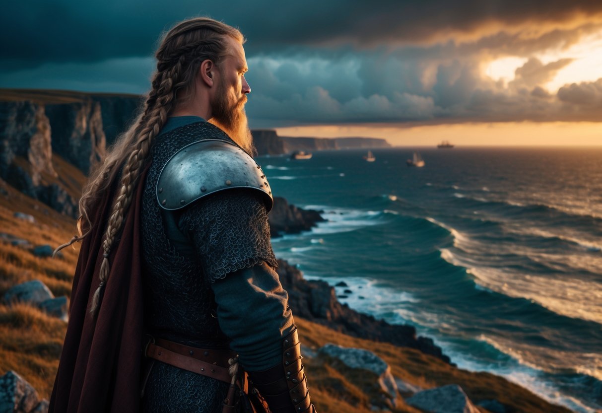 Um guerreiro viking de armadura medieval em pé na costa rochosa ao pôr do sol, olhando para o horizonte com expressão determinada.
