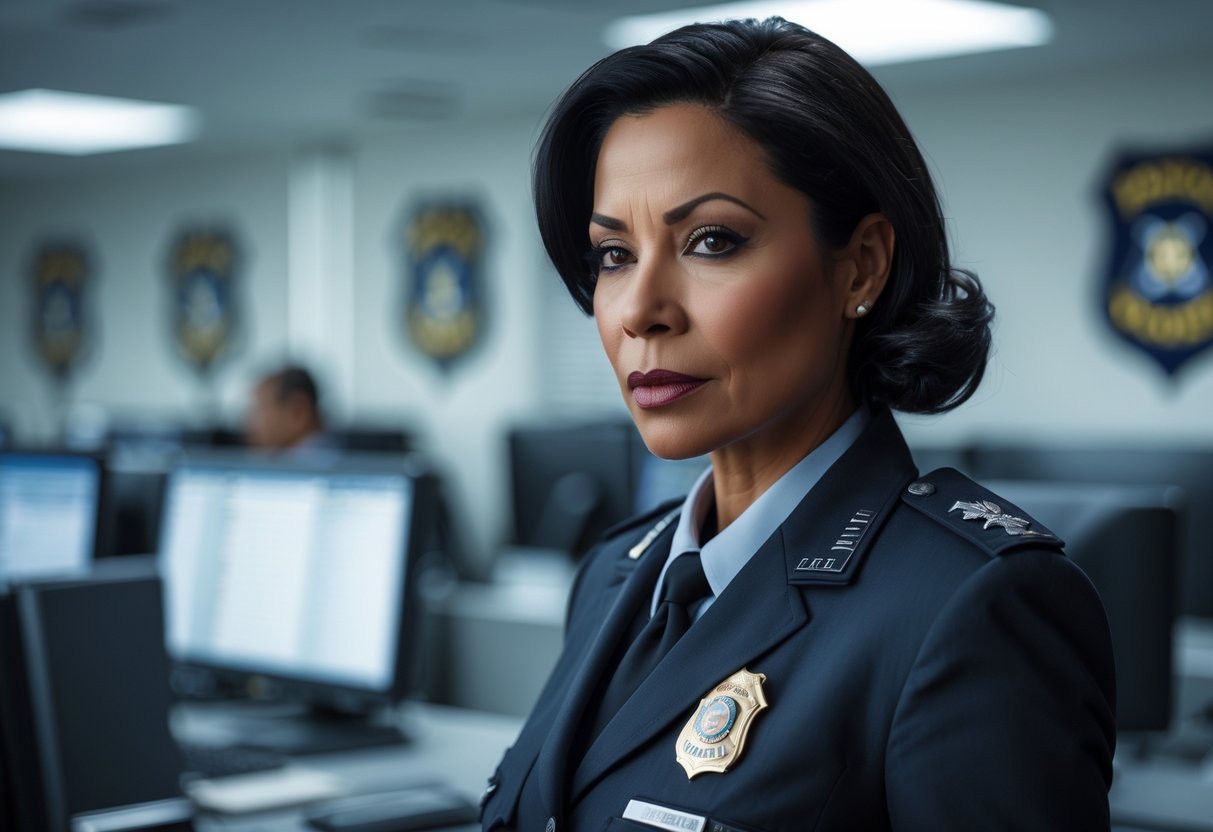 Mulher policial séria em um escritório de delegacia moderno, olhando concentrada enquanto revisa documentos.