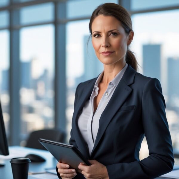 Mulher agente do FBI em um escritório moderno, segurando uma pasta, com janelas grandes e vista da cidade ao fundo.