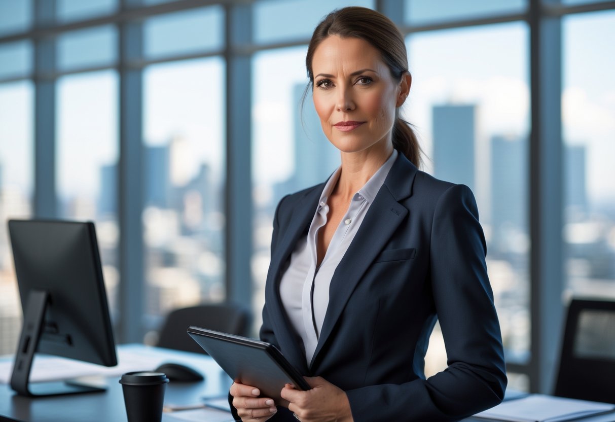 Mulher agente do FBI em um escritório moderno, segurando uma pasta, com janelas grandes e vista da cidade ao fundo.