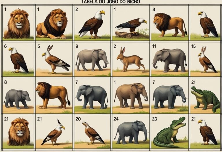 Tabela organizada com ilustrações detalhadas de vários animais associados ao jogo do bicho, dispostos em uma grade clara e limpa.