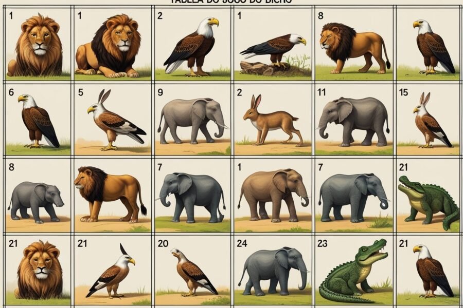 Tabela organizada com ilustrações detalhadas de vários animais associados ao jogo do bicho, dispostos em uma grade clara e limpa.