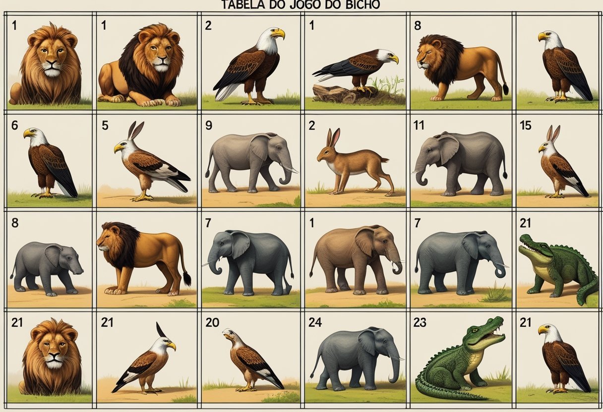 Tabela organizada com ilustrações detalhadas de vários animais associados ao jogo do bicho, dispostos em uma grade clara e limpa.