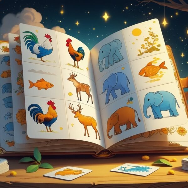 Livro aberto com desenhos detalhados de animais relacionados ao jogo do bicho, sobre uma mesa de madeira com elementos que lembram sonhos ao redor.