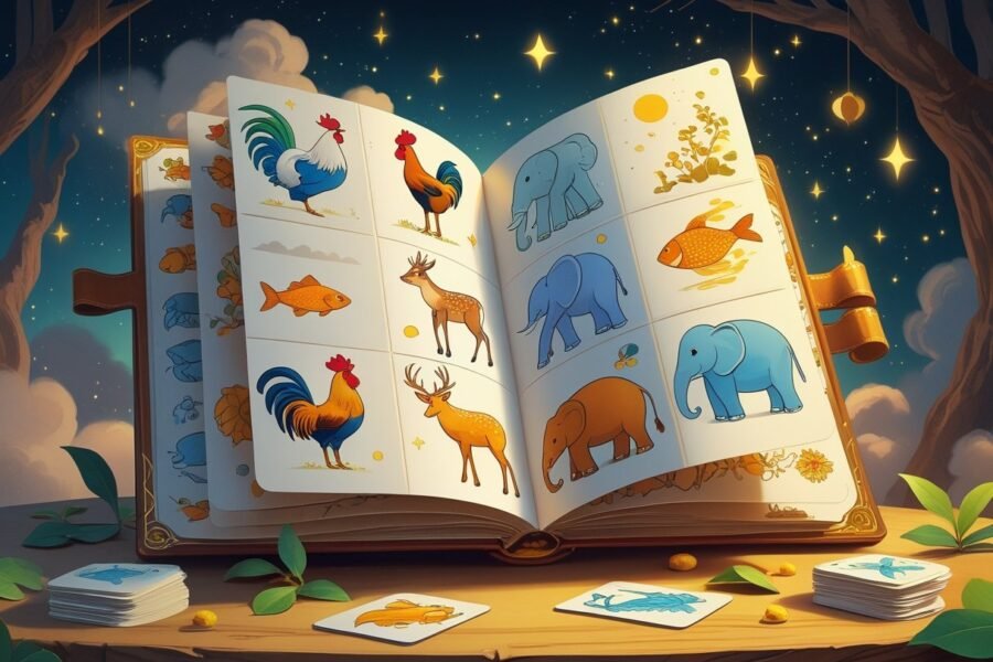 Livro aberto com desenhos detalhados de animais relacionados ao jogo do bicho, sobre uma mesa de madeira com elementos que lembram sonhos ao redor.