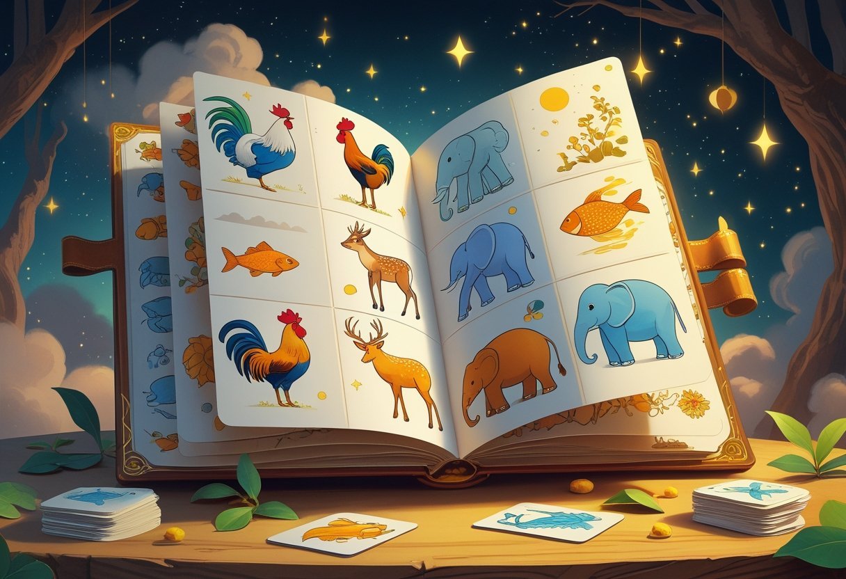 Livro aberto com desenhos detalhados de animais relacionados ao jogo do bicho, sobre uma mesa de madeira com elementos que lembram sonhos ao redor.