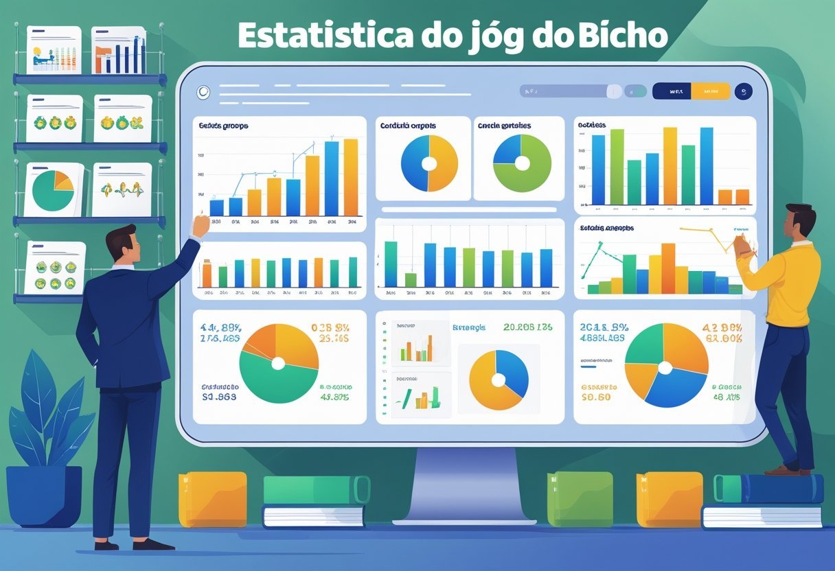 Pessoa analisando gráficos e ícones de animais relacionados ao jogo do bicho em uma tela digital, em um ambiente de trabalho organizado.