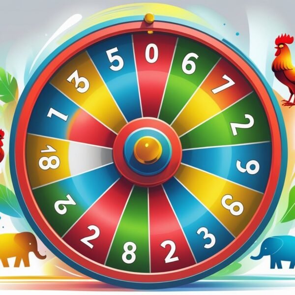 Roda de loteria colorida girando com segmentos numerados e figuras abstratas de animais ao redor, representando o jogo do bicho.