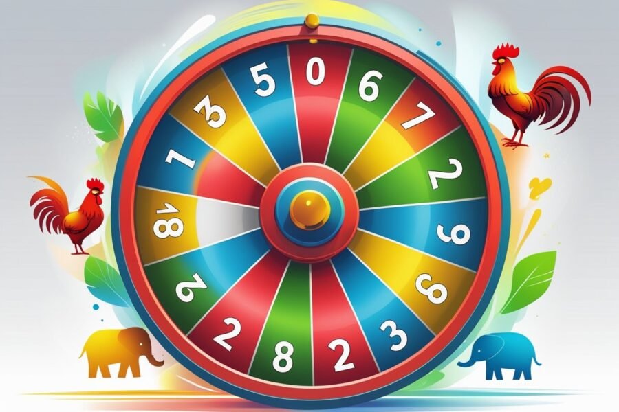 Roda de loteria colorida girando com segmentos numerados e figuras abstratas de animais ao redor, representando o jogo do bicho.