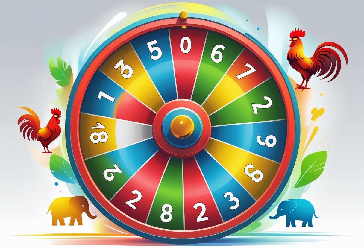 Roda de loteria colorida girando com segmentos numerados e figuras abstratas de animais ao redor, representando o jogo do bicho.