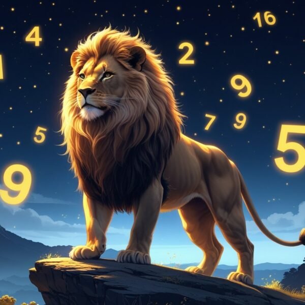 Um leão majestoso em um rochedo sob um céu estrelado, com números brilhantes flutuando ao seu redor.